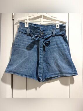 7 For All Mankind Light Blue Denim Paperbag Shorts with Tie High Waist